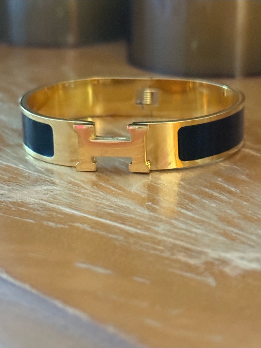 Gold-Tone H Bracelet with Black Enamel Inlay NEW